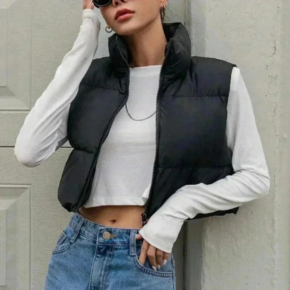 Black Casual Women's Zip Up Crop Vest Puffer Thick Coat - Picture 5 of 9